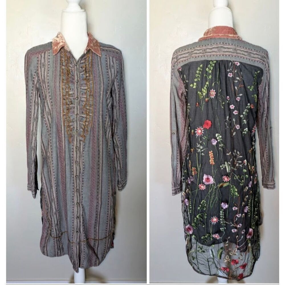 Ariella Silent Journey Design Handmade Longline Button Front Tunic Dress Embroid